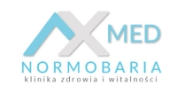 Logo AX MED NORMOBARIA, klinika zdrowia i witalności, z stylizowaną literą A.