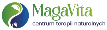 Logo MagaVita, centrum terapii naturalnych, z zielono-niebieskim symbolem yin-yang i liściem